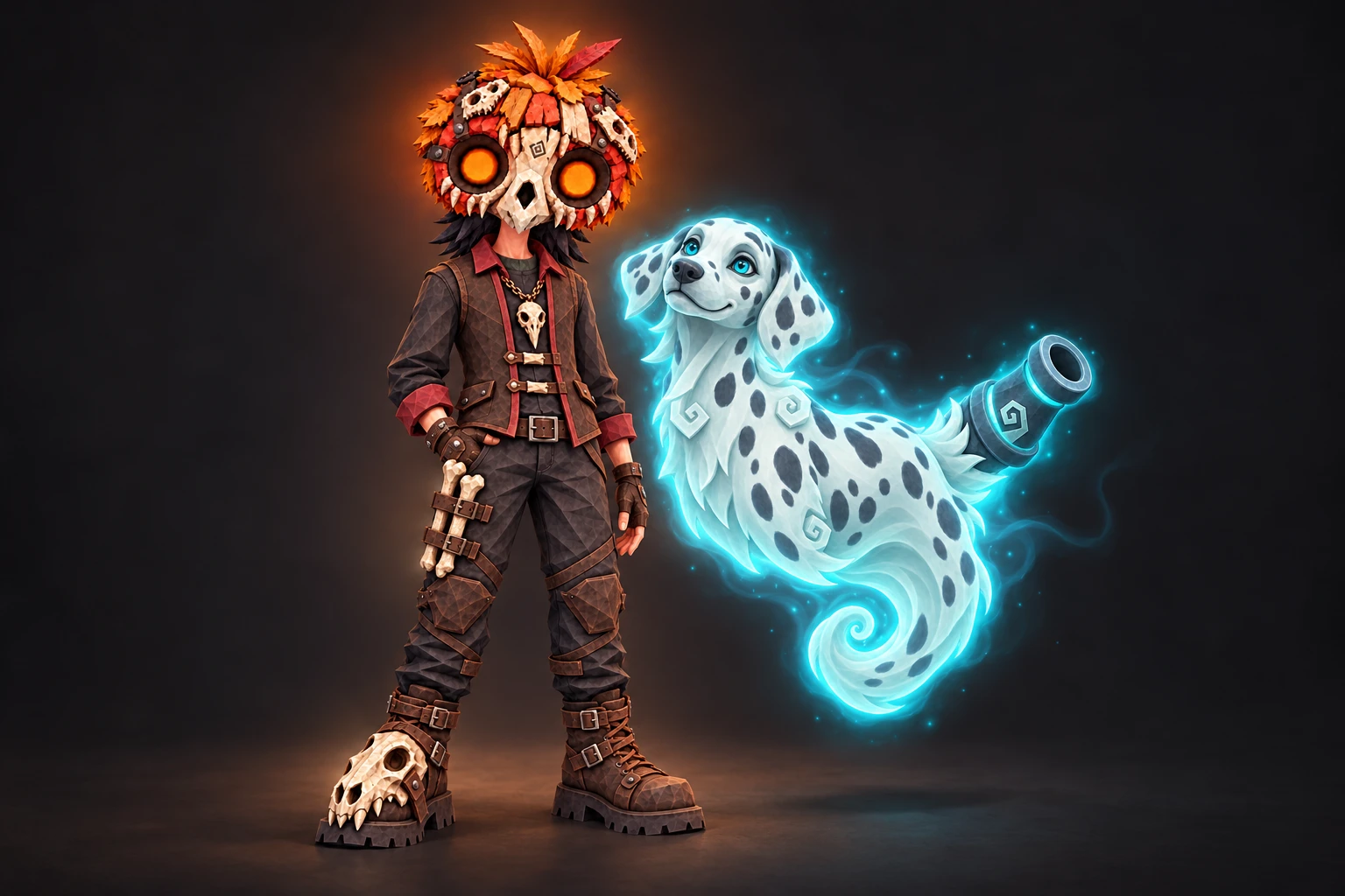 The skull-masked caretaker beside a friendly floating Dalmatian ghost