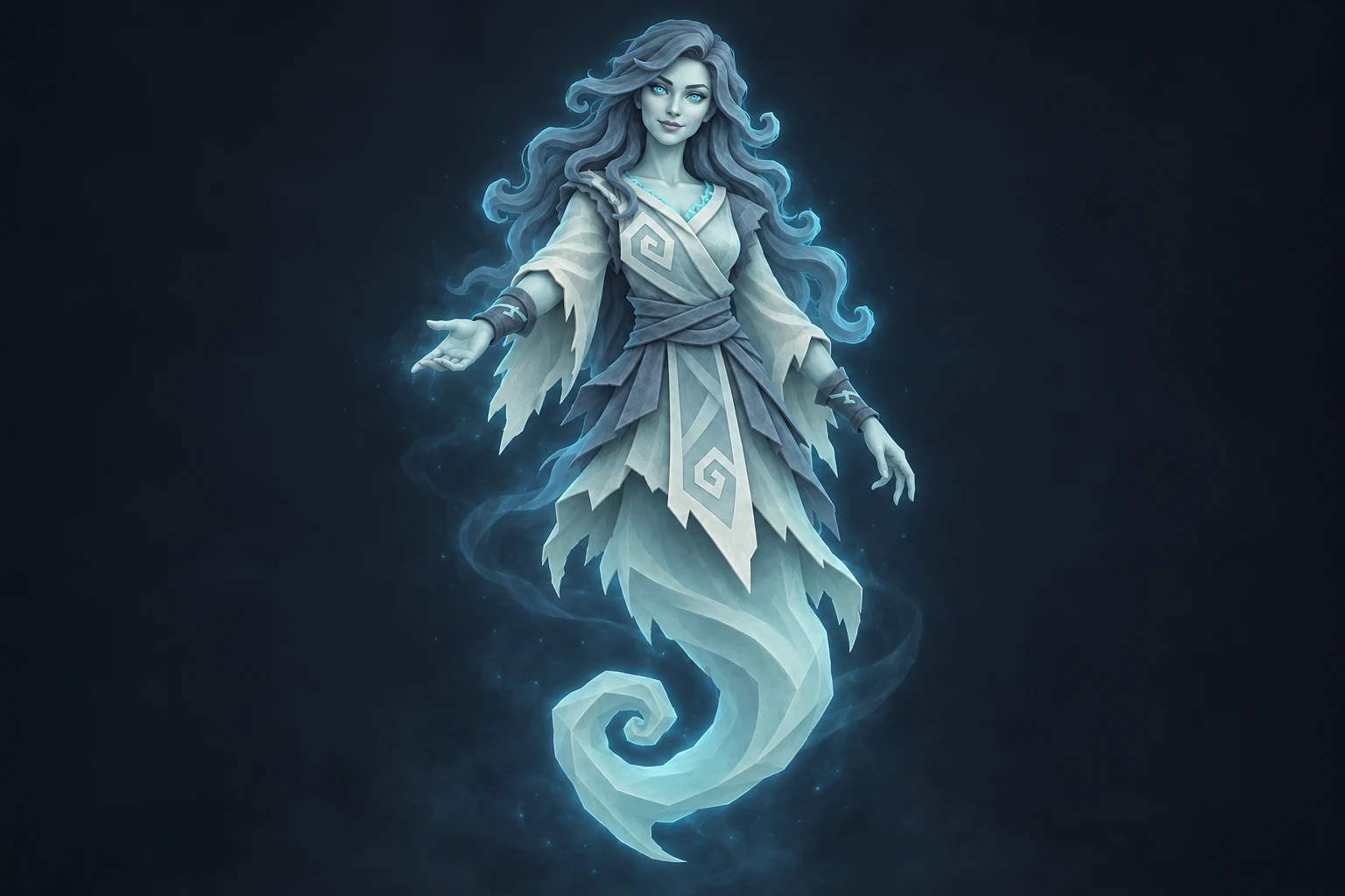 A blue female ghost guardian with flowing hair, spiral robes and a curled tail